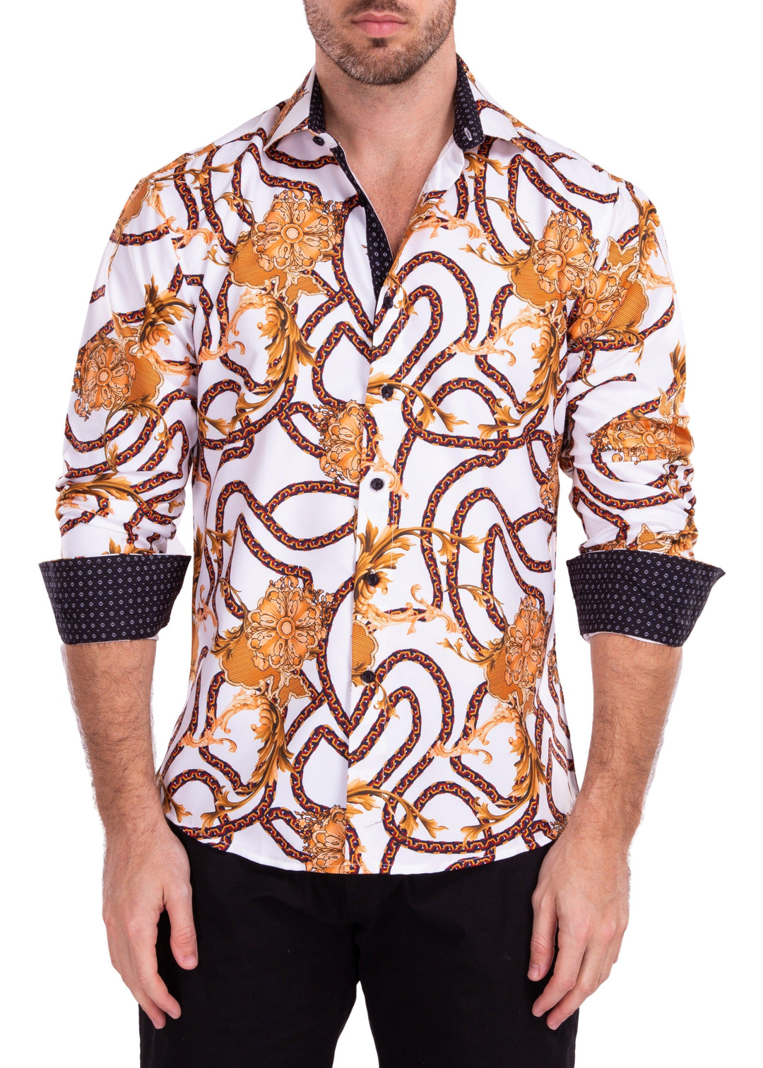 Antique Gold Floral Motif White Button Up Long Sleeve Dress Shirt White / 2X Antique Gold Floral Motif White Button Up Long Sleeve Dress Shirt White / 2X