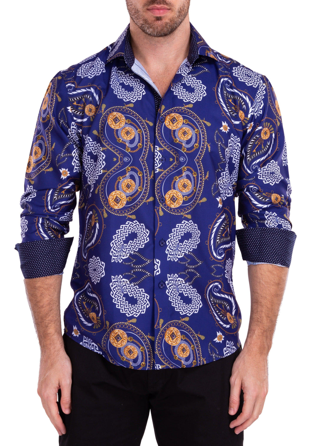 Gold Medallions & Paisley Geo Print Navy Button Up Long Sleeve Dress Shirt Navy / MD Gold Medallions & Paisley Geo Print Navy Button Up Long Sleeve Dress Shirt Navy / MD