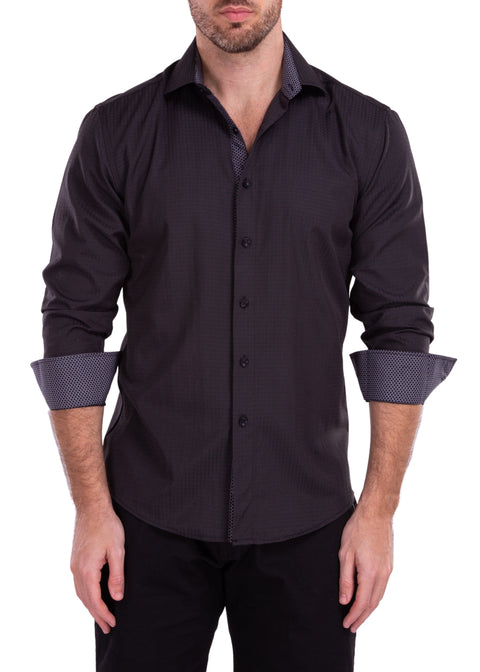 Windowpane Texture Solid Black Button Up Long Sleeve Dress Shirt