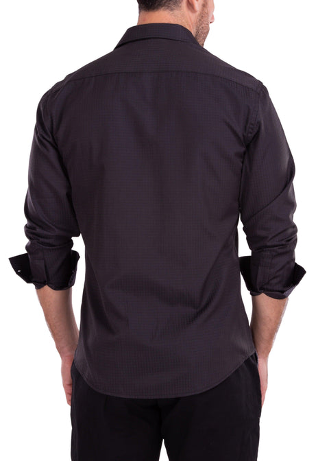 Windowpane Texture Solid Black Button Up Long Sleeve Dress Shirt