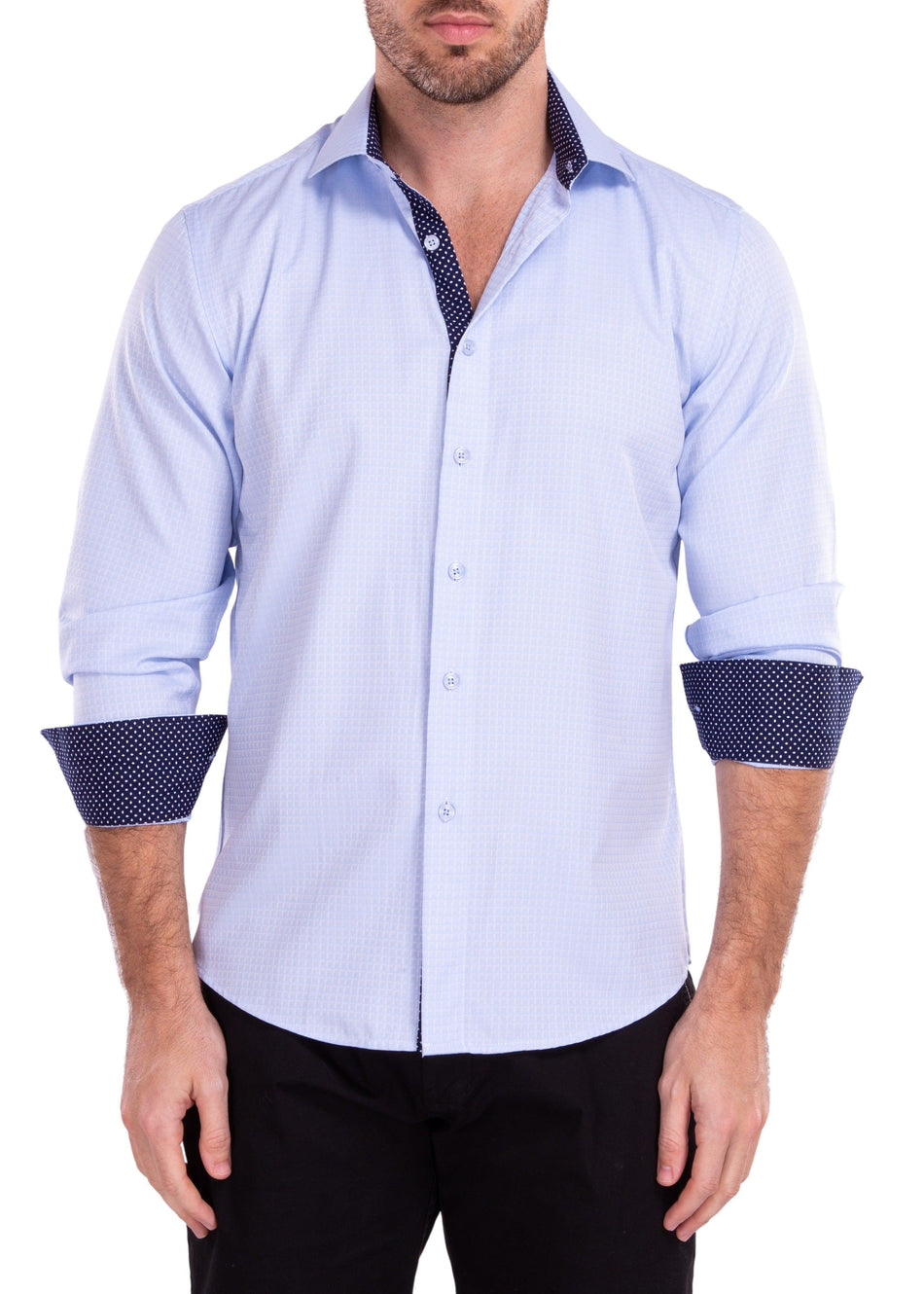 Windowpane Texture Solid Blue Button Up Long Sleeve Dress Shirt