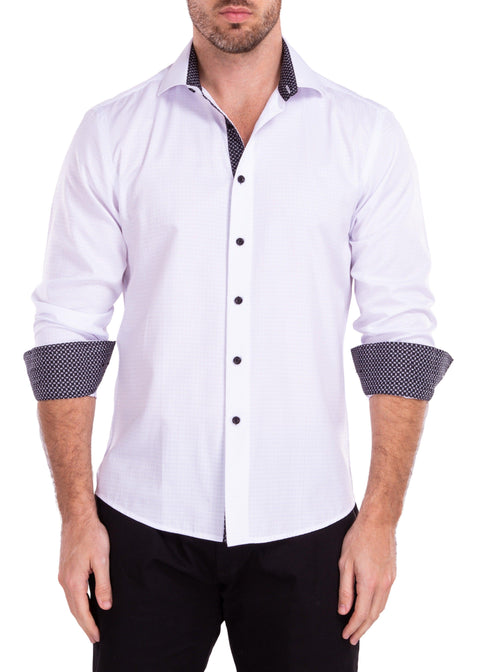Windowpane Texture Solid White Button Up Long Sleeve Dress Shirt