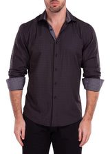 Diamond Texture Solid Black Button Up Long Sleeve Dress Shirt