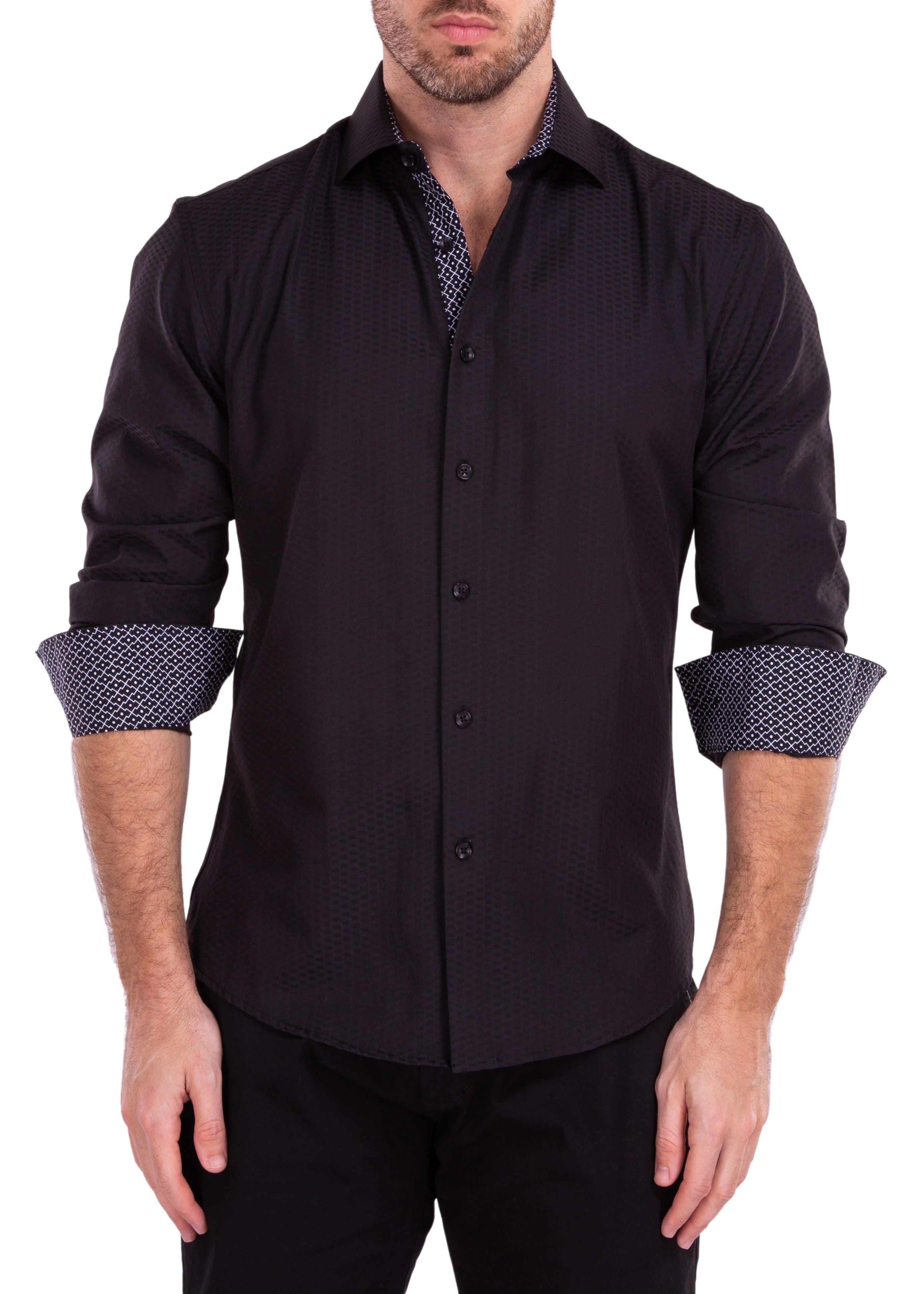 Geometric Texture Solid Black Button Up Long Sleeve Dress Shirt ...