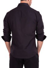 Geometric Texture Solid Black Button Up Long Sleeve Dress Shirt