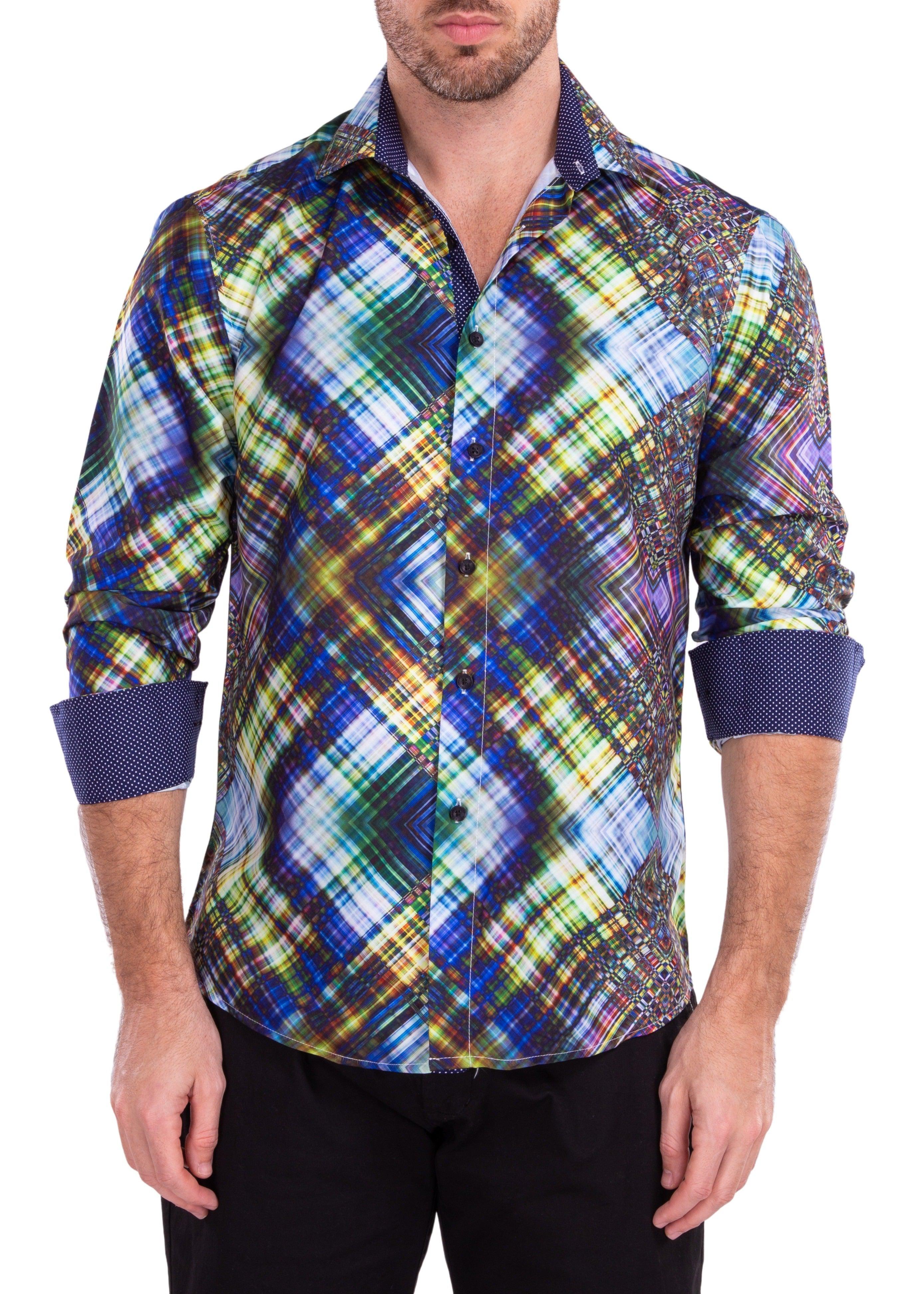 Vibrant Multicolored Prism Print Green Button Up Long Sleeve