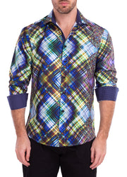 Vibrant Multicolored Prism Print Green Button Up Long Sleeve Dress Shirt