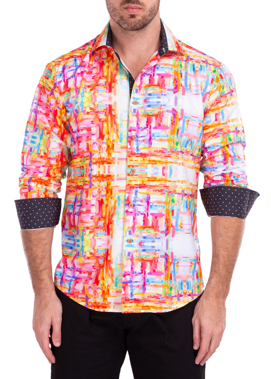 Vibrant Watercolor Abstract Printed White Button Up Long Sleeve Dress Shirt