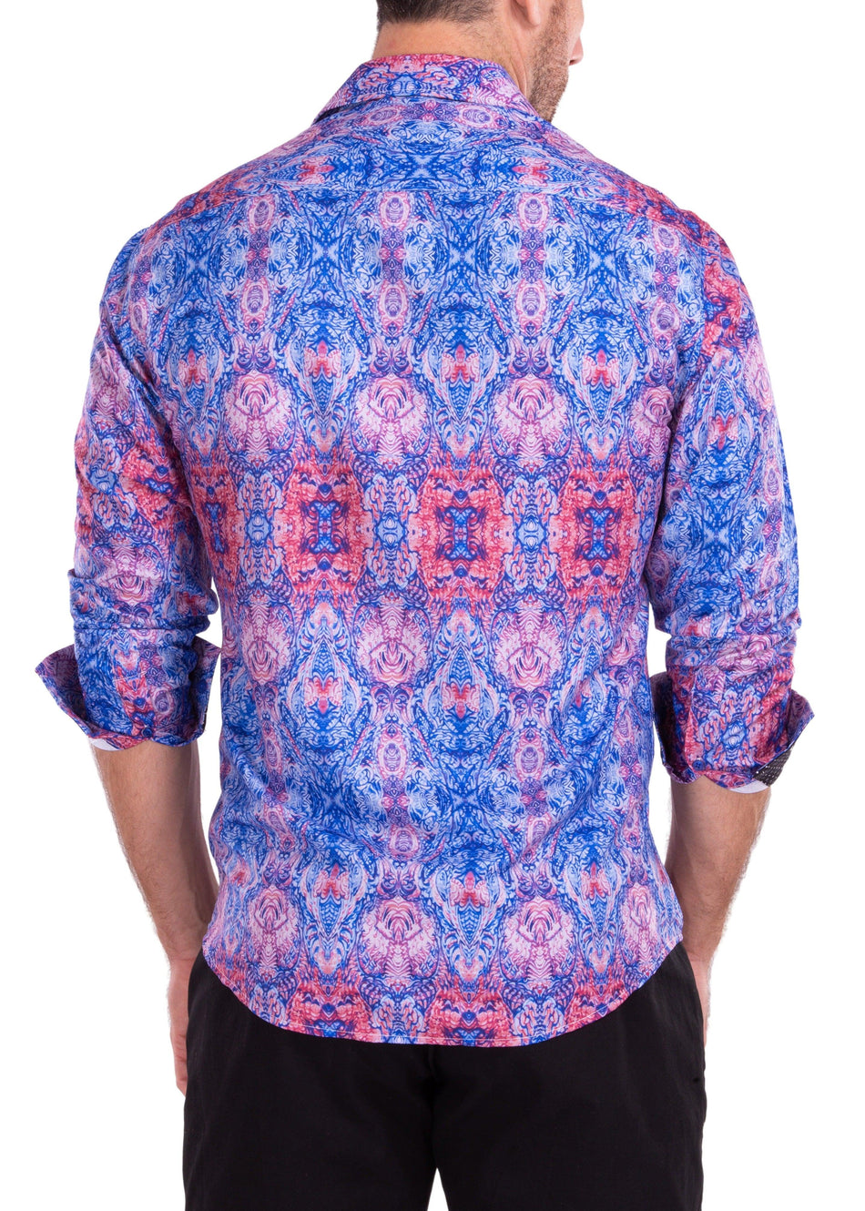 Psychedelic Kaleidoscope Print Blue Button Up Long Sleeve Dress Shirt