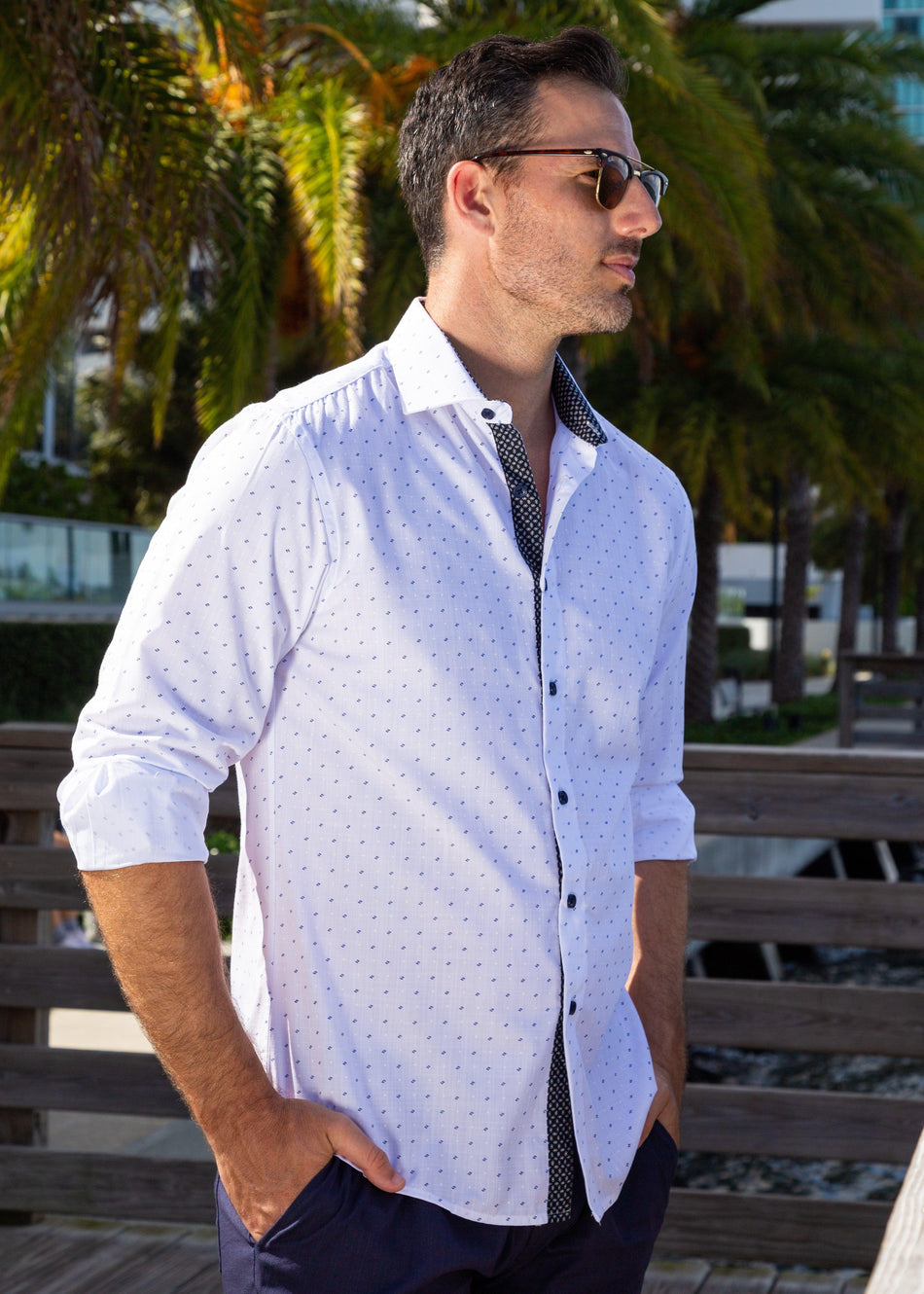 Stitched Pattern Linen Texture White Button Up Long Sleeve Dress Shirt