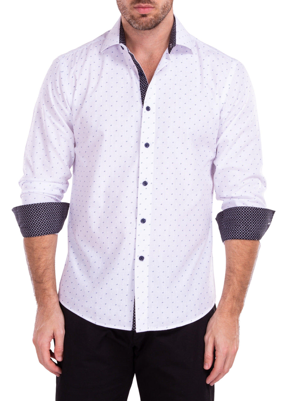 Stitched Pattern Linen Texture White Button Up Long Sleeve Dress Shirt