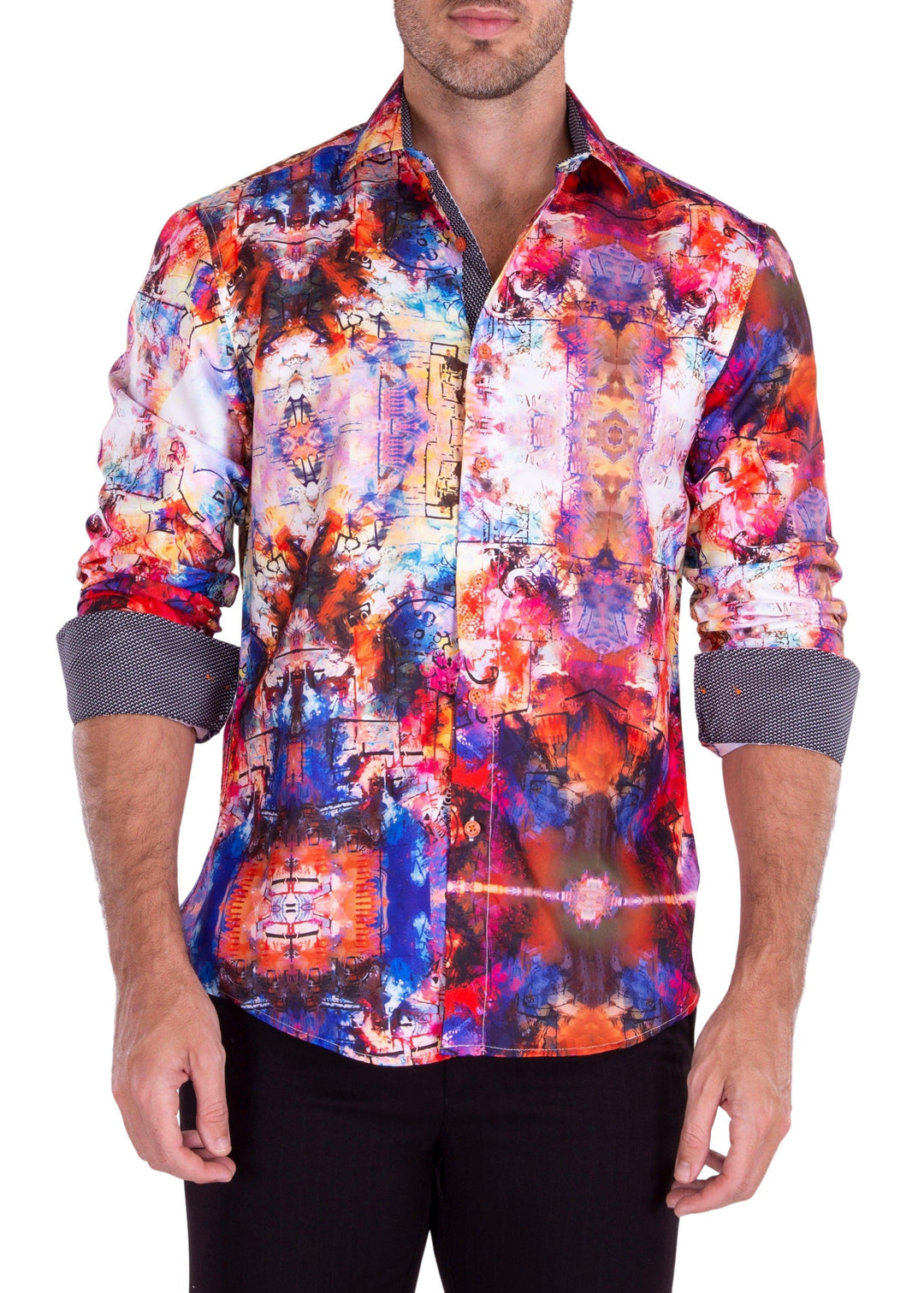 Watercolor Art Print Long Sleeve Dress Shirt RED RED / SM