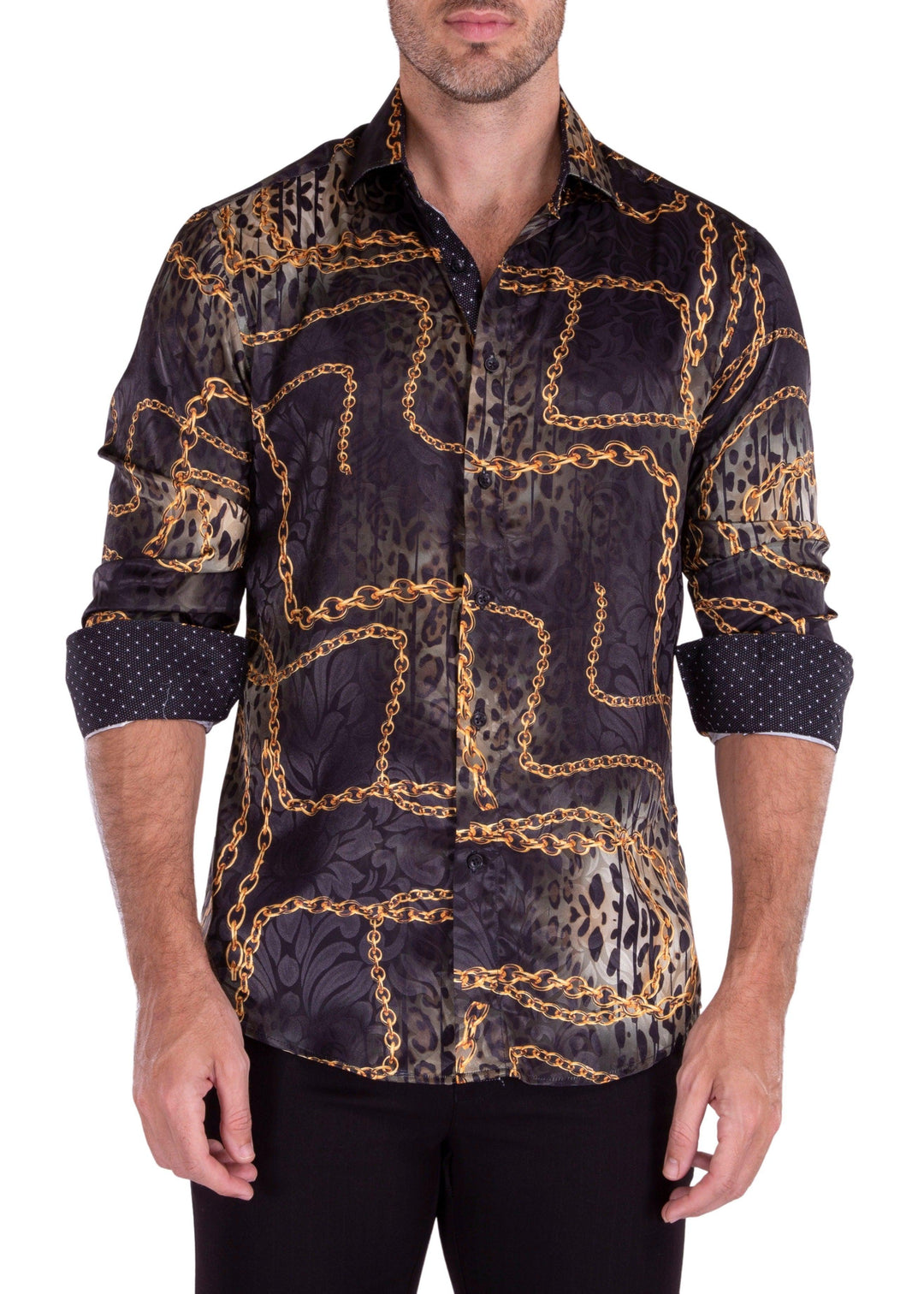 Cheetah & Chain Silk Texture Long Sleeve Dress Shirt Black Black / 3X Cheetah & Chain Silk Texture Long Sleeve Dress Shirt Black Black / 3X