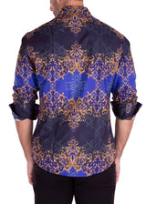 Blue Damask Print Long Sleeve Dress Shirt