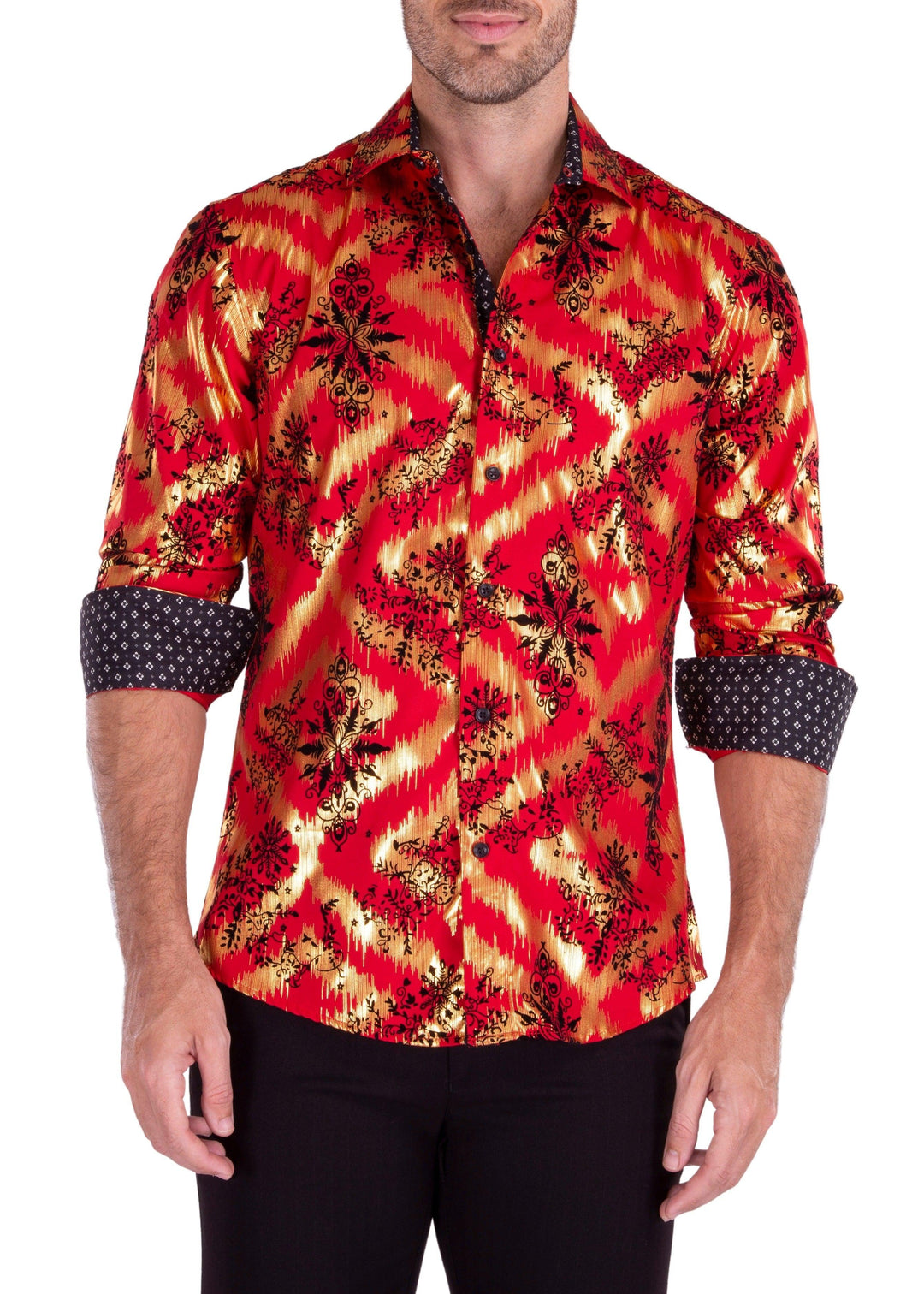Gold Leaf Foil Velvet Accent Long Sleeve Dress Shirt RED RED / XL Gold Leaf Foil Velvet Accent Long Sleeve Dress Shirt RED RED / XL