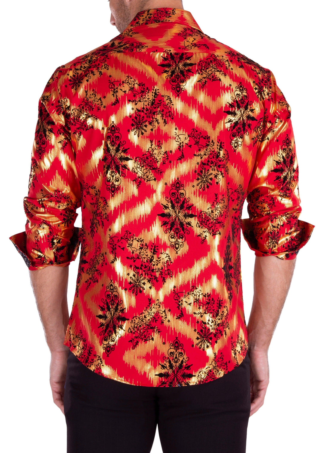 Gold Leaf Foil Velvet Accent Long Sleeve Dress Shirt Red BESPOKE MODA Gold Leaf Foil Velvet Accent Long Sleeve Dress Shirt Red BESPOKE MODA