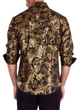 Gold Mandala & Flower Velvet Texture Long Sleeve Dress Shirt Black