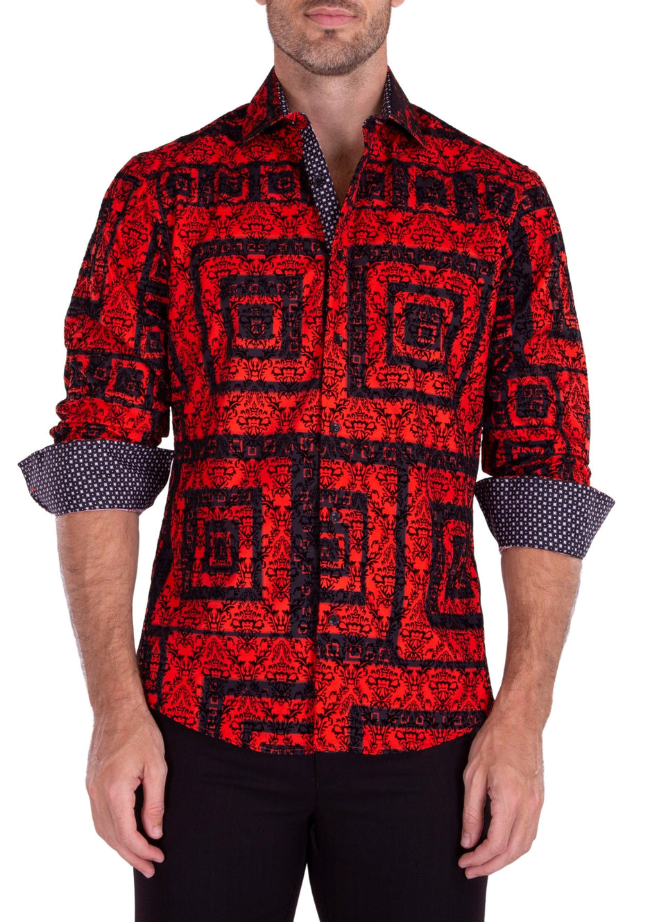 Maze Pattern Velvet Texture Long Sleeve Dress Shirt Red