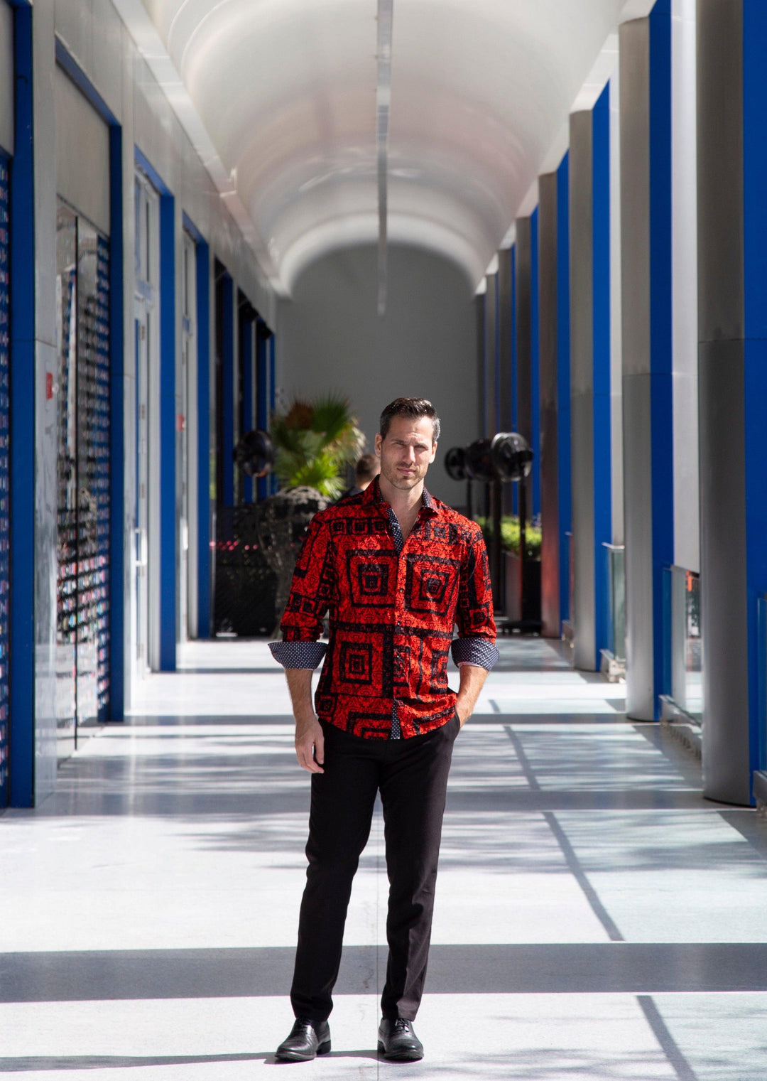 Maze Pattern Velvet Texture Long Sleeve Dress Shirt Red