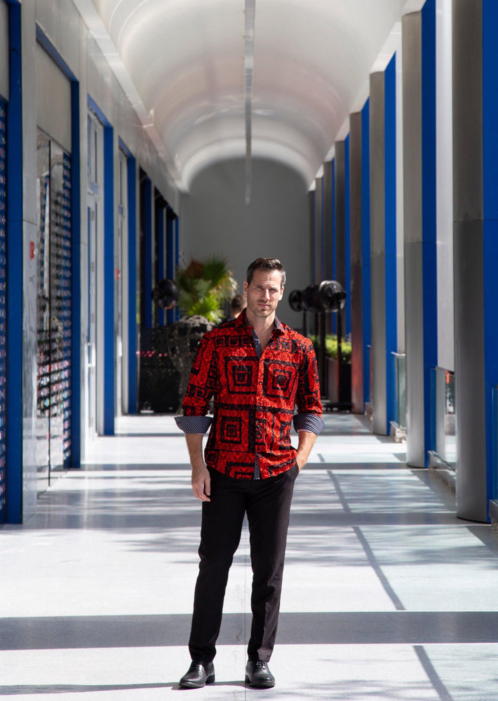 Maze Pattern Velvet Texture Long Sleeve Dress Shirt Red