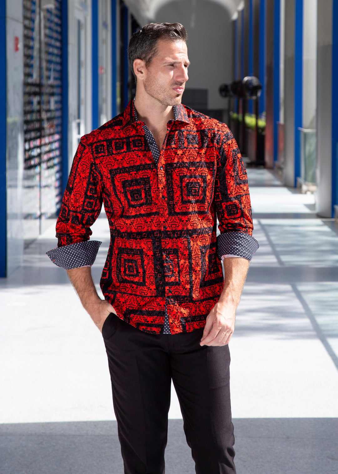 red velvet dress shirt Baroque Mixed Pattern Velvet Texture Long Sleeve Dress Shirt RED RED / LG
