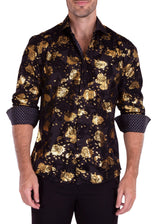 Baroque Mixed Pattern Velvet Texture Long Sleeve Dress Shirt Black
