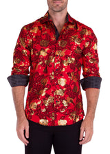 Baroque Mixed Pattern Velvet Texture Long Sleeve Dress Shirt Red