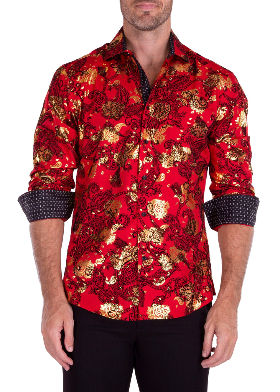 Baroque Mixed Pattern Velvet Texture Long Sleeve Dress Shirt Red
