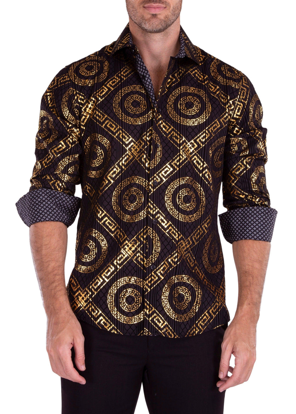 Greek Key Maze Velvet Texture Long Sleeve Dress Shirt Black