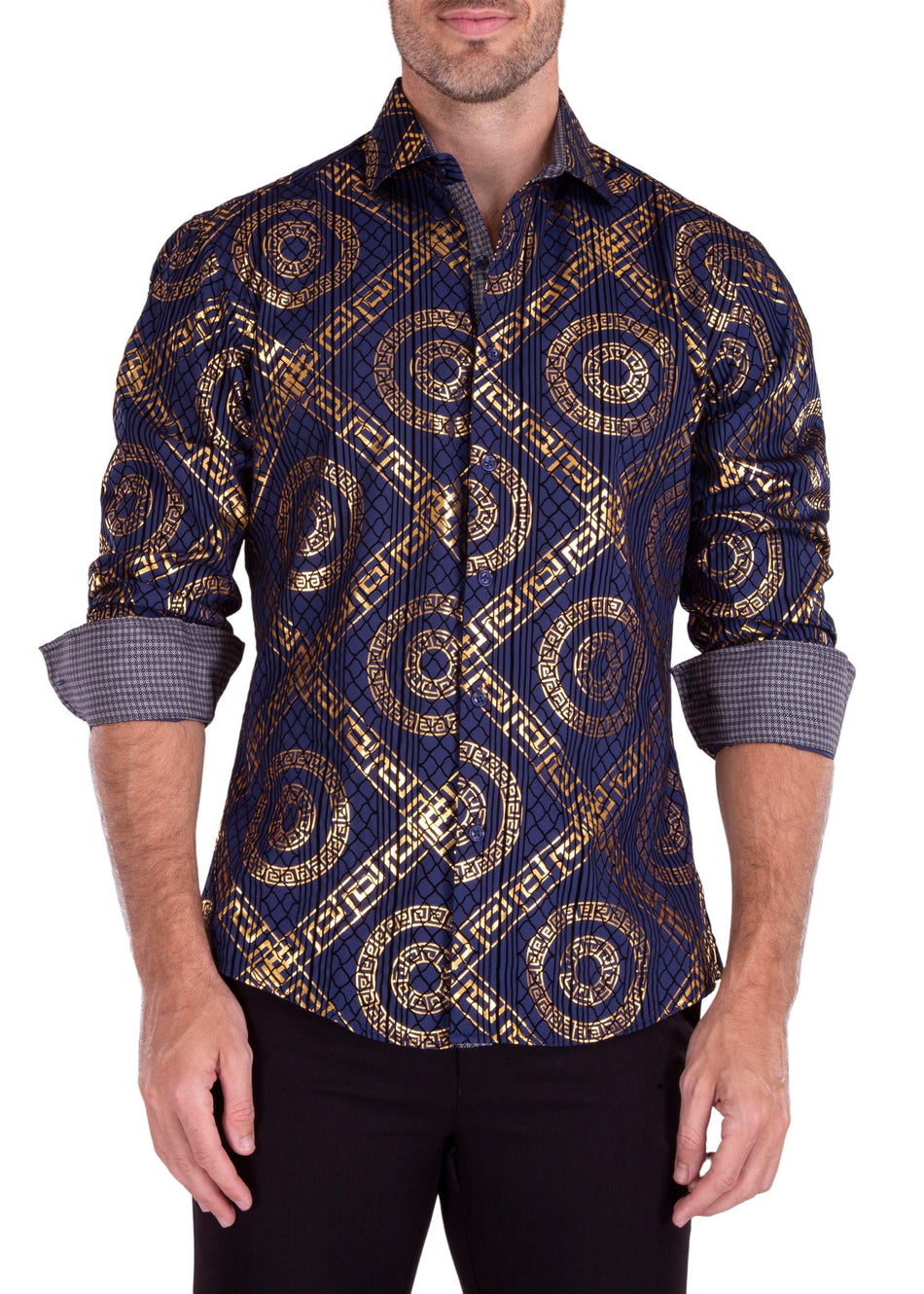 Greek Key Maze Velvet Texture Long Sleeve Dress Shirt Navy