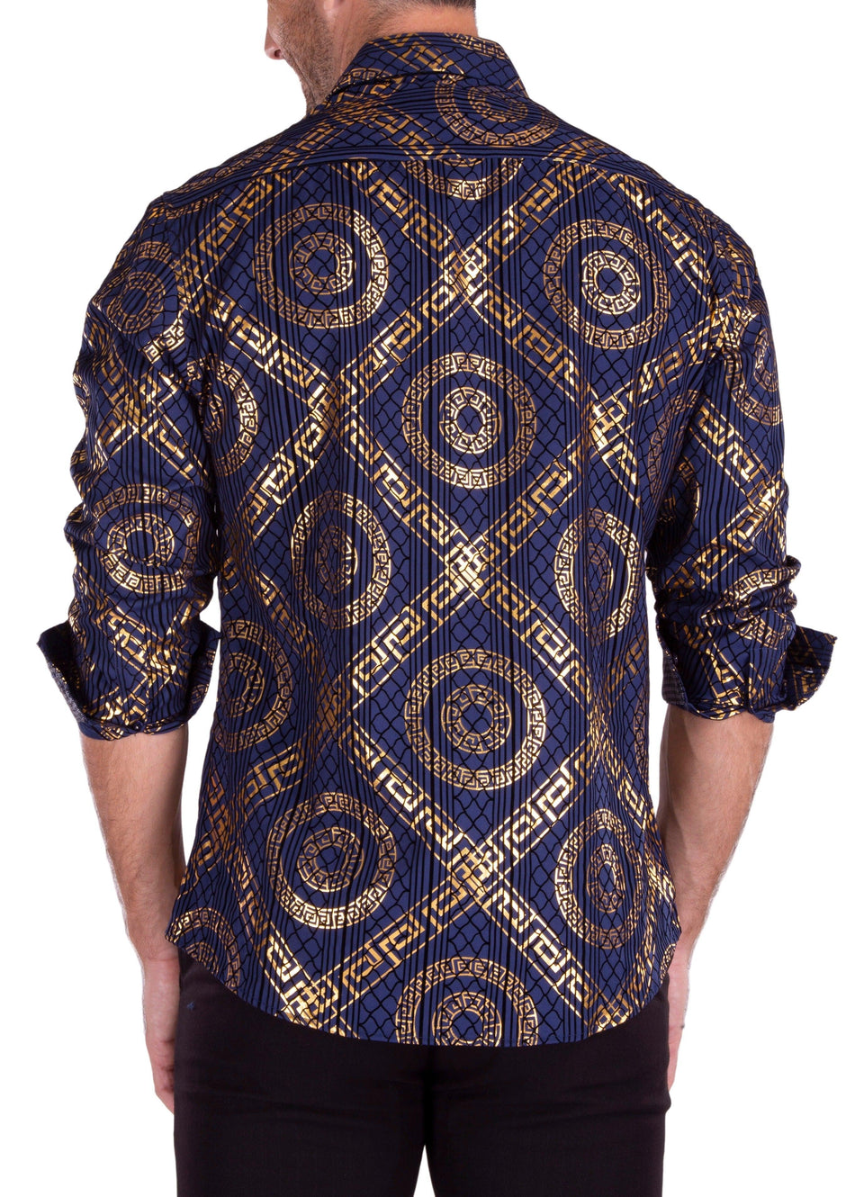 Greek Key Maze Velvet Texture Long Sleeve Dress Shirt Navy 