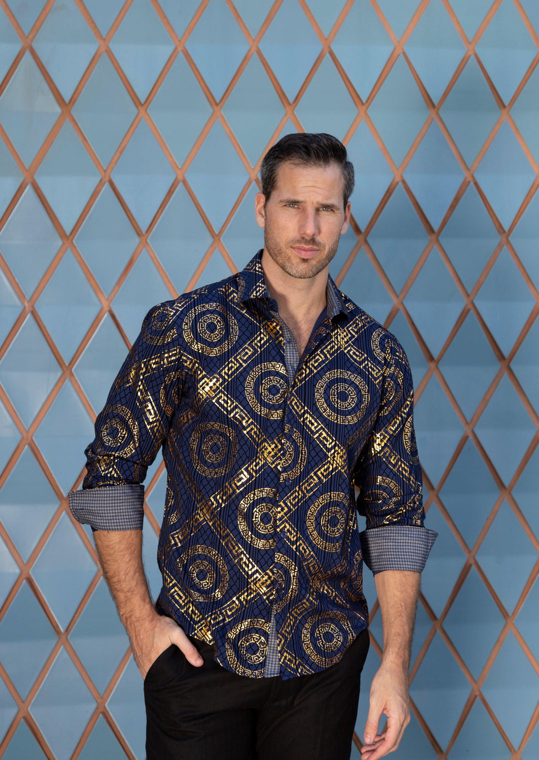 Greek Key Maze Velvet Texture Long Sleeve Dress Shirt NAVY NAVY / 4X Greek Key Maze Velvet Texture Long Sleeve Dress Shirt NAVY NAVY / 4X