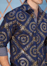 Greek Key Maze Velvet Texture Long Sleeve Dress Shirt Navy