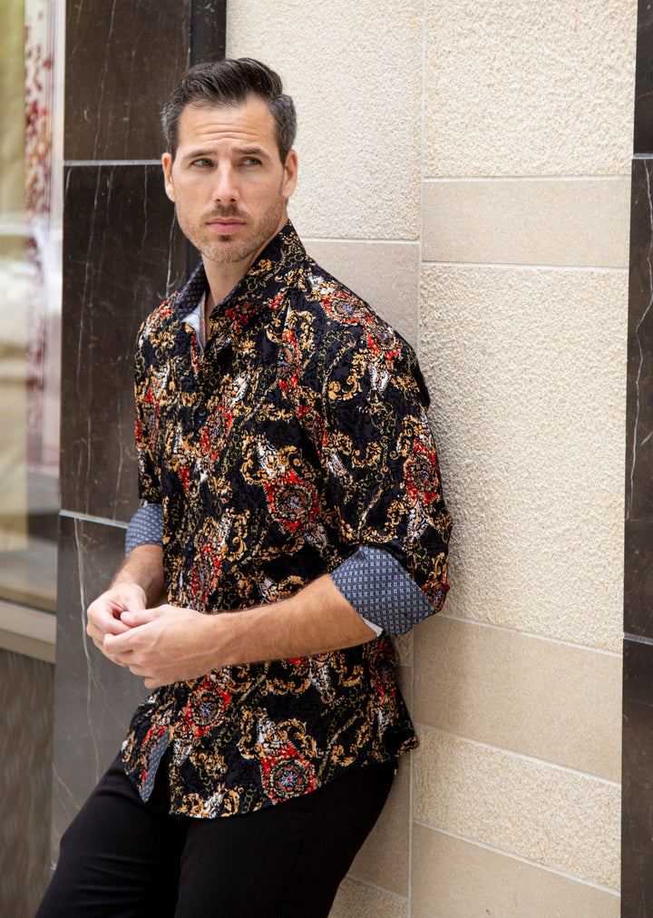 Mixed Baroque Style Velvet Texture Long Sleeve Dress Shirt Black