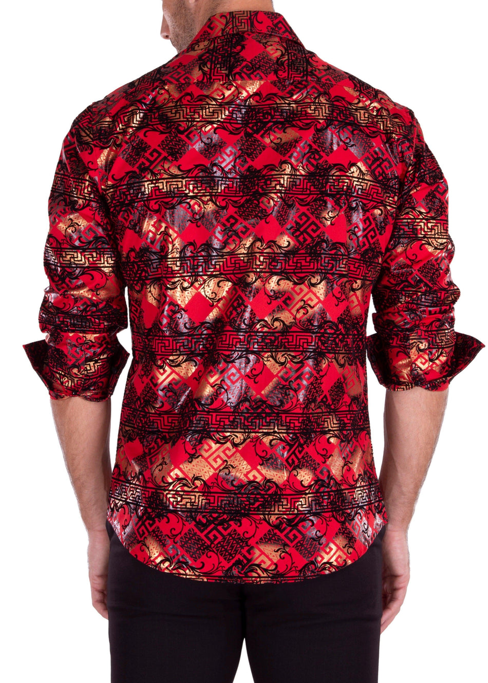 Greek Criss-Cross Metallic Long Sleeve Dress Shirt Red