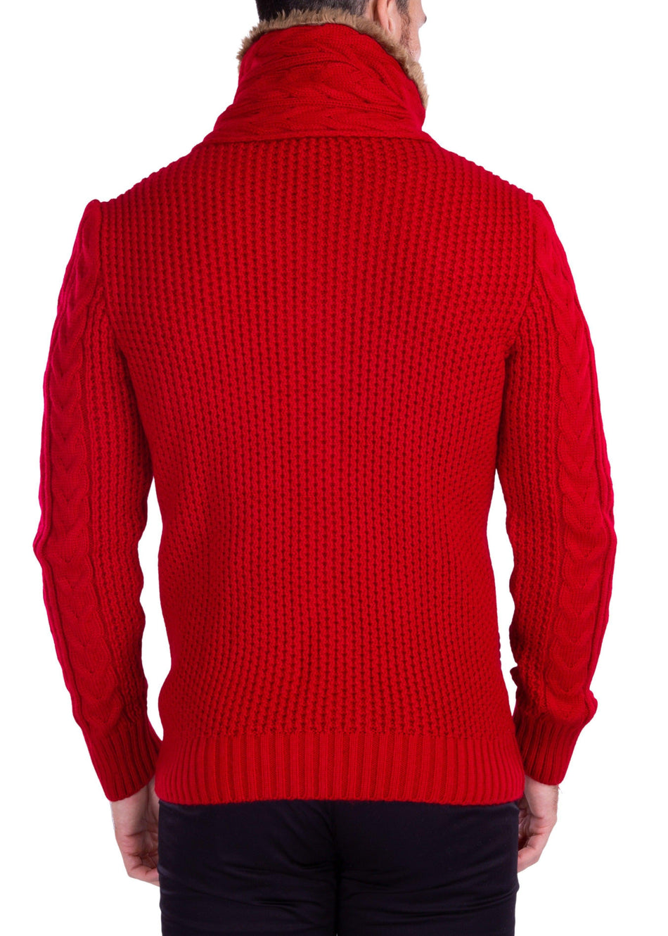 Fur-Lined Collar Button Up Sweater Red