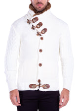 Fur-Lined Collar Button Up Sweater White