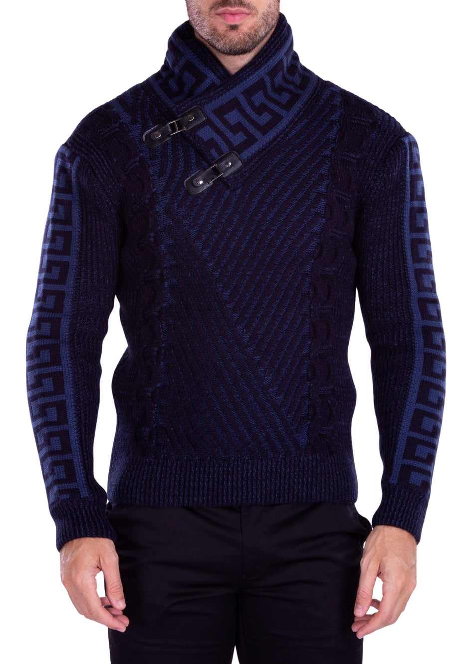 Greek Key Contrast Pullover Sweater Navy