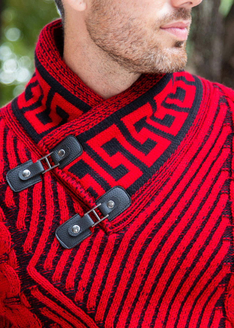 Greek Key Contrast Pullover Sweater Red