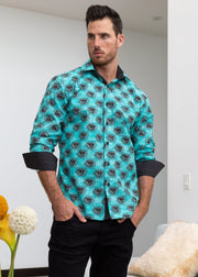 Night Owl Printed Long Sleeve Button Up Dress Shirt Turquoise