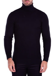 Textured Turtleneck Sweater Black Men's Solid Color Knit Wool Cotton Bespoke Moda by NEO NYC