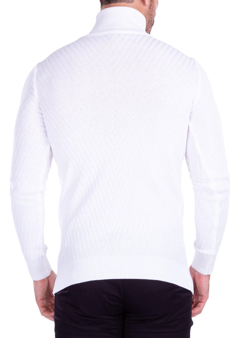 Textured Turtleneck Sweater White Men's Solid Color Knit Wool Cotton Bespoke Moda by NEO NYC